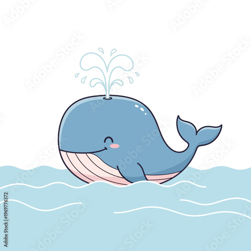 Cute cartoon whale spouting water in the ocean waves
