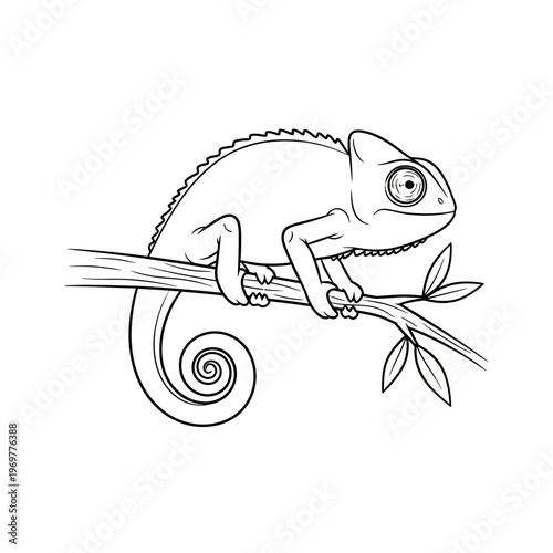 Cute Chameleon Sitting on Tree Branch, Outline Drawing