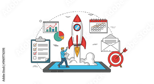 Business startup and project launch concept showing a rocket flying from a tablet surrounded by various management icons.