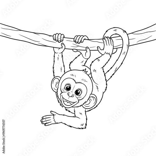 Cute monkey hanging on a tree branch, cartoon style