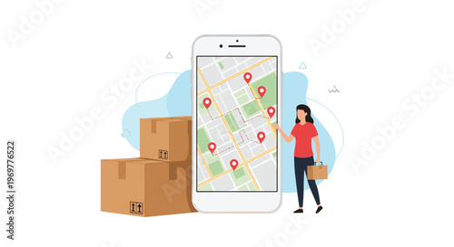 Online parcel tracking concept on a smartphone screen showing a city map with location pins and delivery boxes.