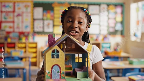 Young African girl proudly presents a colorful handmade dollhouse in a classroom filled with educational materials and bright decorations, showcasing creativity and craftsmanship