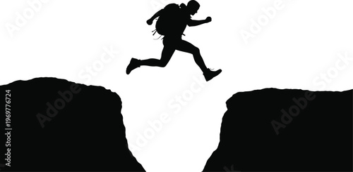  Hiker Jumping Over Mountain Crevice Silhouette Adventure Concept
