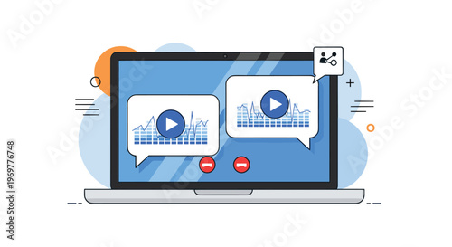 Video conferencing and digital communication concept on a laptop screen featuring audio waveforms and user avatars.