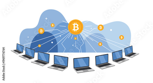 Blockchain technology concept showing multiple laptops connected to a central golden bitcoin against a cloud background.