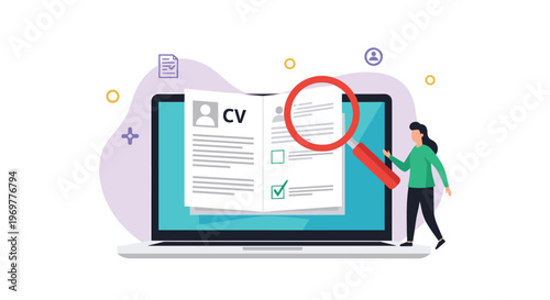 Curriculum vitae review concept showing a resume on a laptop screen with a magnifying glass and a professional woman.