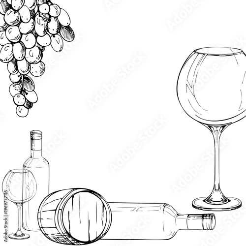 Bottle, wooden cask barrel and balloon glass, hanging grape fruit bunch. Hand drawn ink vector frame illustration. Vineyard weddings, wine tasting notebooks, Winery landing pages, e-commerce visuals