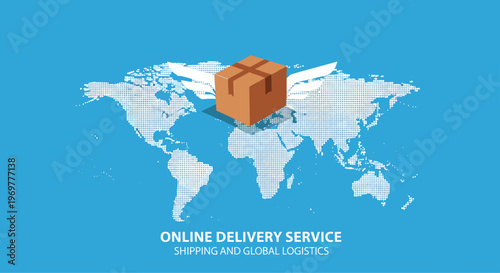 Global online delivery service concept featuring a parcel box with wings flying over a pixelated digital world map.