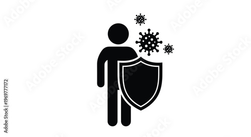 Human figure using a shield for immune system protection against virus particles and bacteria to maintain health and prevent illness.