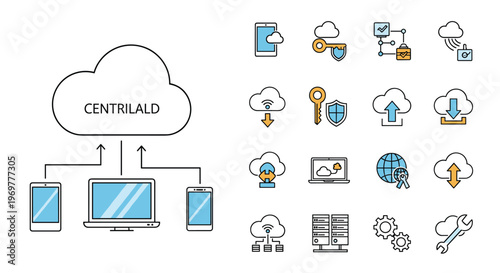 Cloud computing and information technology infrastructure icons with central cloud storage connecting multiple devices for data management.