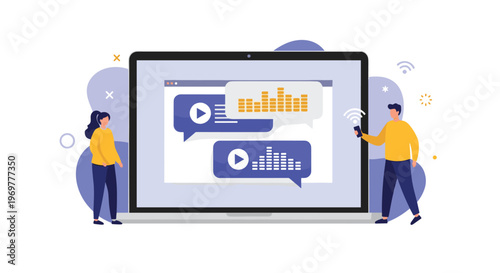 Multimedia presentation and audio messaging on a laptop screen with people interacting with sound waves and video playback elements.