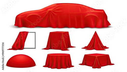 Unveiling innovation a sleek car covered in luxurious red fabric symbolizing new product launch surprise reveal and automotive industry excitement alongside various draped objects