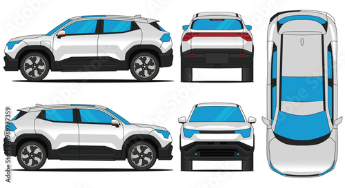 White SUV of a vitara car vector blueprint with multiple views for design and illustration purposes.