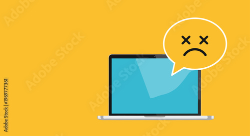 Laptop computer with a sad face emoji speech bubble on a yellow background symbolizing technical problems or bad online experiences.
