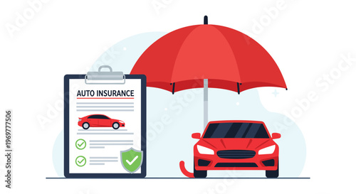 Auto insurance coverage concept with a red car protected under an umbrella and a policy document clipboard on a light blue background.