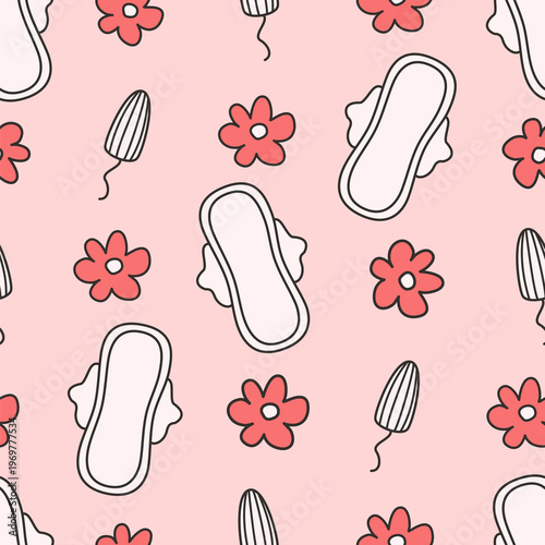 cute hand drawn seamless vector pattern illustration with red daisy flowers and feminine hygiene pads on pink background