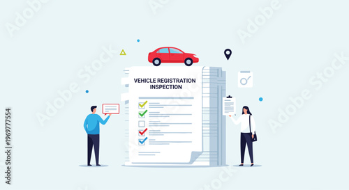 Vehicle registration and inspection process showing people reviewing documents next to a stack of papers with a car on top of the pile.