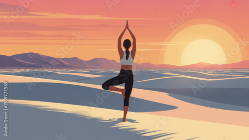 Woman practices yoga in serene desert landscape at sunset with mountains in background and peaceful atmosphere