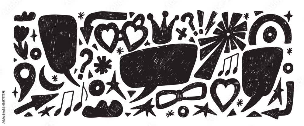 Obraz premium Linocut speech bubble doodles. Hand drawn charcoal text boxes black frames with scribbles set. Crayon pencil flowers, callout textured shapes. Vector crown, stars, arrows illustration no background.