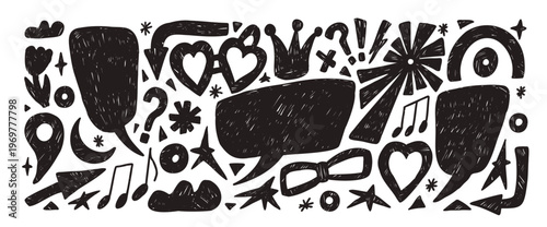 Linocut speech bubble doodles. Hand drawn charcoal text boxes black frames with scribbles set. Crayon pencil flowers, callout textured shapes. Vector crown, stars, arrows illustration no background.