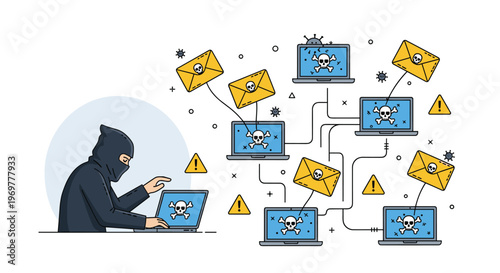 Cybercriminal in a hoodie sending malicious emails and virus threats from a laptop to a network of computers for identity theft.