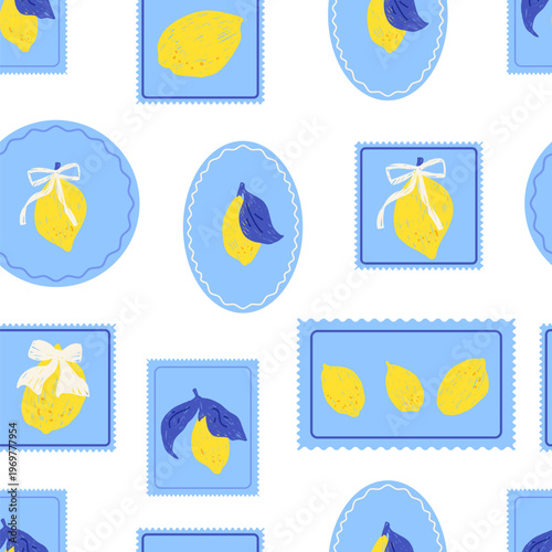 Seamless whimsical lemon pattern in mixed blue stamp shapes with ribbon bow. Pattern of oval round and rectangle stamps with Italian fruit for summer print. Floral vector for aop and coastal textile.