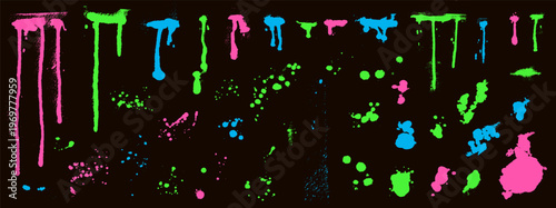 Spray splatter and drip gaming texture elements for esport stream overlay and tournament design. Neon ink grunge set with paint drops for banner graphics. Vector graffiti splotch, drips splat isolated
