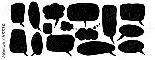 Grunge scratches texture speech bubbles balloons text boxes set. Hand-drawn frame for comic dialogue. Charcoal doodle with rough texture. Vector icon for messages, talk design isolated no background.