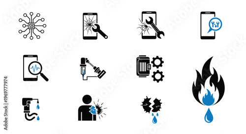 Collection of mobile phone repair icons including cracked screen diagnostics battery maintenance and professional tool symbols for service.