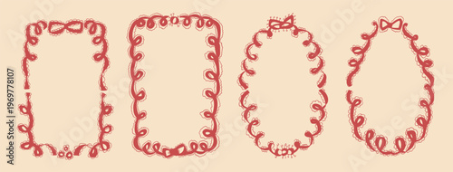 Bachelorette whimsical red lace frames. Coquette borders with bows set. Ribbon beauty squiggle menu cadre. Vector wedding frame isolated. Christmas or festive oval and rectangle forms.