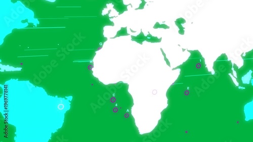 Left streaks starting sweep, white Africa remaining, pink nodes pulsing, showing flow, transparent
