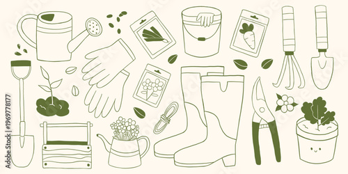 Vector hand drawn gardening doodle clipart set. Watering can, glove, shovel, seed packets, bucket, rubber boot, pruning shear. Minimal outline illustration collection. Agriculture, farm cliparts.