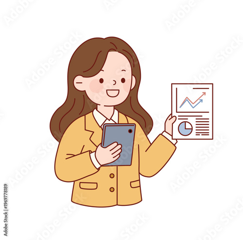 Enthusiastic Businesswoman Presenting a Report with a Tablet and Graph