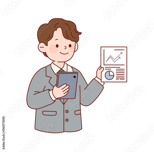 Confident Businessman Presenting a Report with a Tablet and Graph 발표하는 직장인 일러스트