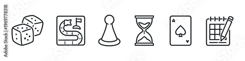 Collection of board game icons including dice, cards, and hourglass