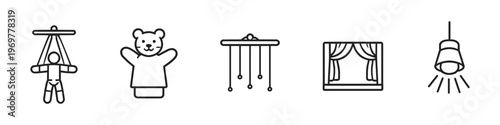 Collection of simple line art icons representing puppet show elements