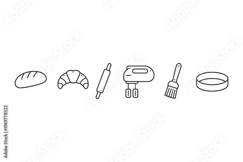 Collection of baking icons including bread, croissant, rolling pin, mixer, brush, and cake ring