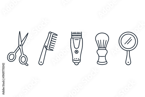 Collection of barber tools including scissors, comb, clipper, brush, and mirror