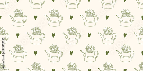 Vector hand drawn outline seamless pattern with teapot filled with small flower bouquet, heart in line art style on beige background. Farming and agriculture print for gardening decor, eco packaging.