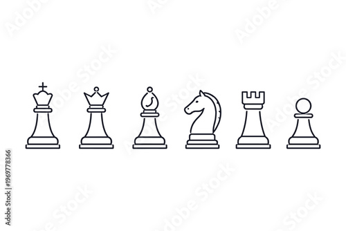 Set of six iconic chess pieces in a minimalist line art style on white