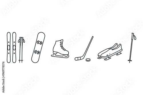 Collection of winter sports equipment icons including skis, snowboard, skates, hockey stick and puck