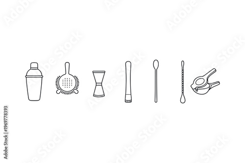 Collection of essential bar tools for cocktail preparation, presented as line art