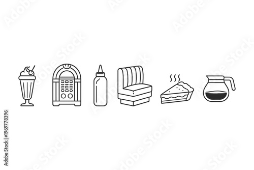 Retro diner icons: milkshake, jukebox, condiment bottle, booth seat, pie, and coffee pot