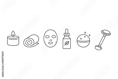 Spa and beauty treatment icons including candle, towel, face mask, serum, bath bomb, and roller