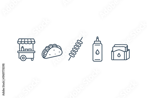 Collection of street food icons including a cart, taco, skewer, sauce bottle, and napkin dispenser