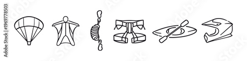Collection of extreme sports equipment icons including parachute, wingsuit, and kayak