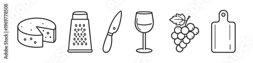 Set of icons representing cheese, grater, knife, wine glass, grapes, and cutting board