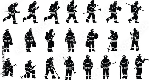 Photos Collection of firefighter silhouettes featuring professional rescuers in full gear with axes and tools for emergency service posters, fire safety infographics, and hero concepts