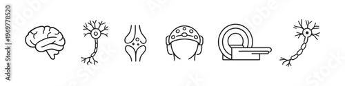 Collection of medical icons representing brain, neuron, joint, EEG cap, and MRI scanner