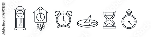 Collection of diverse timekeeping devices depicted as simple line art icons